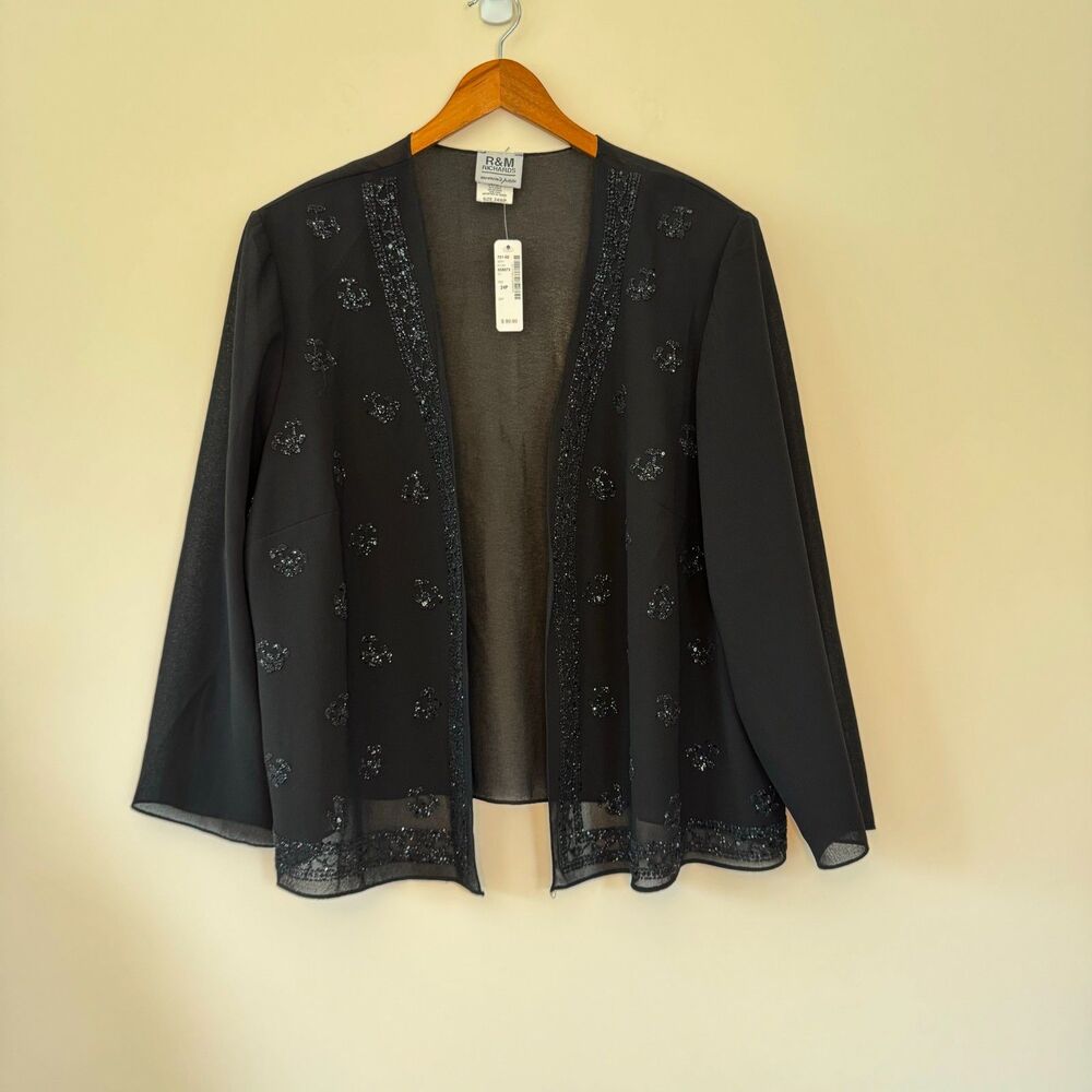 R&M Richards Women's Petite Sheer Black Sequenced Jacket Size 24WP